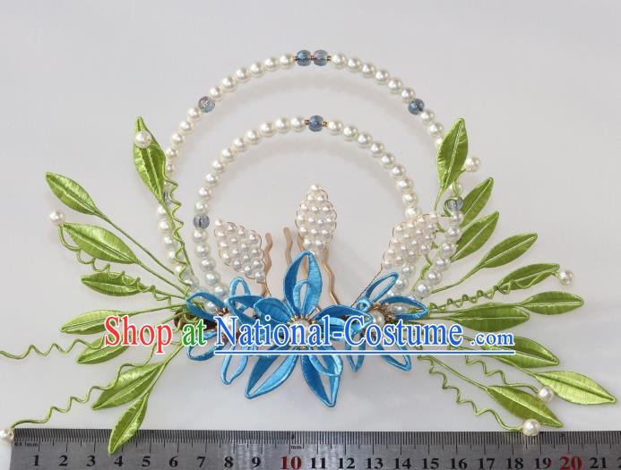 Chinese Ancient Hanfu Pearls Hair Comb Traditional Ming Dynasty Blue Silk Flowers Hair Crown