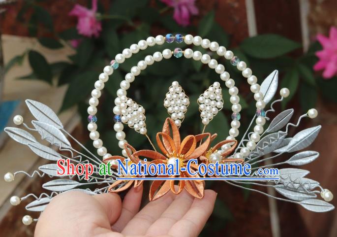 Chinese Traditional Ming Dynasty Orange Silk Flowers Hair Crown Ancient Hanfu Pearls Hair Comb