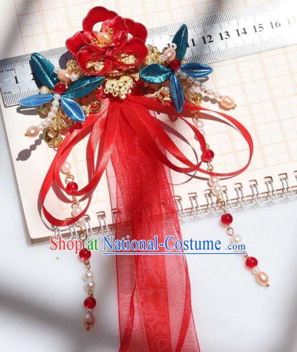 Chinese Ancient Princess Red Silk Ribbon Hair Claw Handmade Hanfu Tassel Hair Accessories