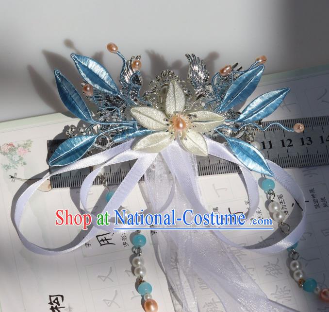 Chinese Handmade Hanfu Tassel Hair Accessories Ancient Princess White Silk Ribbon Hair Claw