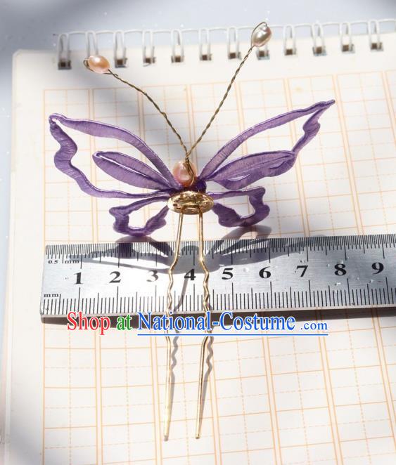 Chinese Handmade Hanfu Pearls Hairpin Ancient Princess Purple Silk Butterfly Hair Stick