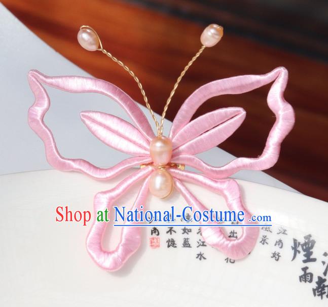 Chinese Ancient Princess Pink Silk Butterfly Hair Stick Handmade Hanfu Pearls Hairpin