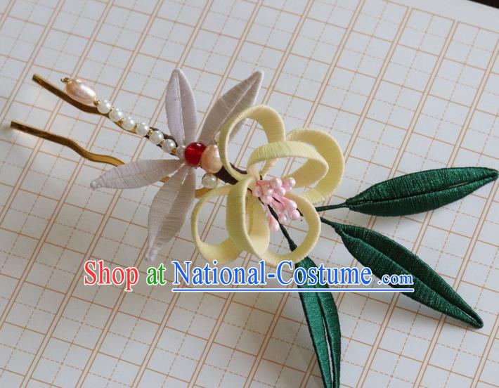 Chinese Ancient Palace Lady Pearls Dragonfly Hair Stick Handmade Hanfu Yellow Silk Flowers Hairpin