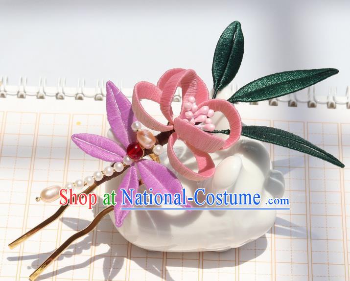 Chinese Handmade Hanfu Pink Flowers Hairpin Ancient Palace Lady Pearls Dragonfly Hair Stick