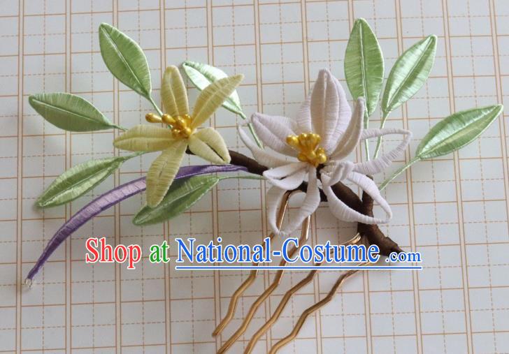 Chinese Ancient Princess White Lily Flower Hair Comb Handmade Ming Dynasty Hanfu Hairpin