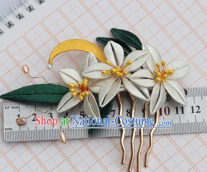 Chinese Ancient Young Beauty Hair Comb Handmade Song Dynasty Court Silk Moon Flowers Hairpin