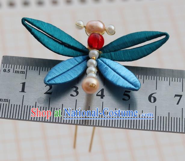 Chinese Ancient Princess Blue Silk Hair Stick Handmade Song Dynasty Pearls Dragonfly Hairpin