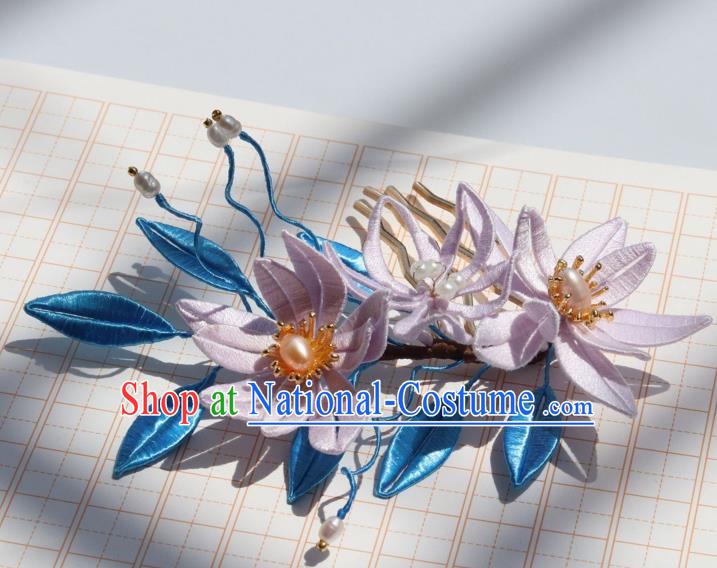 Chinese Ancient Court Lady Lilac Silk Epiphyllum Hair Comb Handmade Song Dynasty Princess Pearls Hairpin