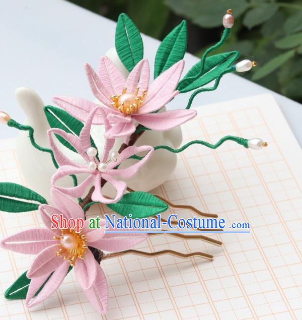 Chinese Handmade Song Dynasty Princess Pearls Hairpin Ancient Court Lady Pink Silk Epiphyllum Hair Comb