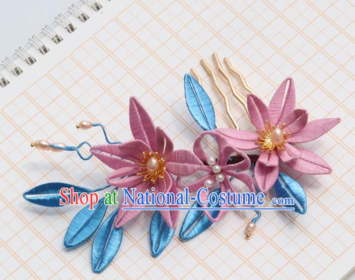 Chinese Handmade Pink Silk Epiphyllum Hair Comb Ancient Song Dynasty Princess Pearls Hairpin