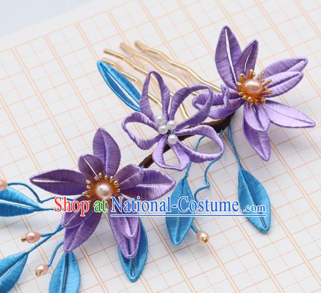 Chinese Handmade Pearls Hair Comb Ancient Song Dynasty Princess Purple Silk Epiphyllum Hairpin