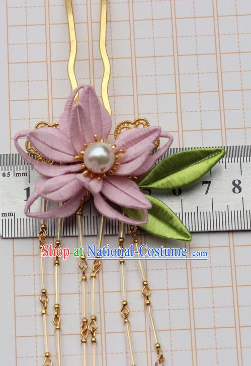 Chinese Handmade Hanfu Tassel Hair Stick Ancient Ming Dynasty Princess Pink Silk Epiphyllum Hairpin