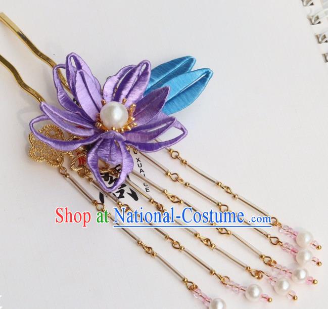 Chinese Ancient Ming Dynasty Princess Purple Epiphyllum Hairpin Handmade Hanfu Pearls Tassel Hair Stick