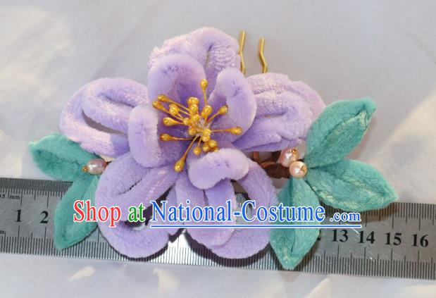 Chinese Ancient Hanfu Pearls Hairpin Traditional Ming Dynasty Princess Violet Velvet Hibiscus Hair Stick