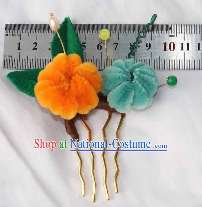 Chinese Ancient Court Hairpin Traditional Ming Dynasty Princess Velvet Chrysanthemum Hair Comb