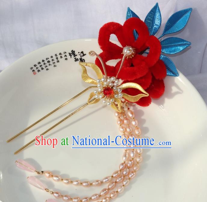 Chinese Ancient Young Lady Red Velvet Flower Hairpin Traditional Ming Dynasty Princess Pearls Tassel Hair Clip