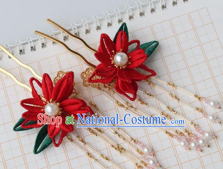 Chinese Handmade Hanfu Red Epiphyllum Hair Stick Ancient Ming Dynasty Princess Pearls Tassel Hairpin