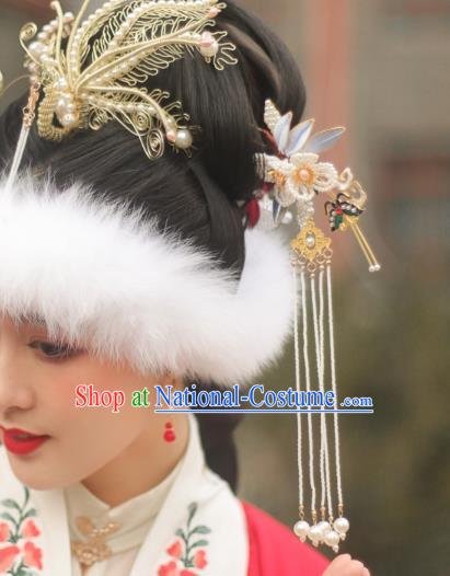 Chinese Handmade Pearls Tassel Hair Stick Ancient Ming Dynasty Empress Cloisonne Butterfly Plum Hairpin