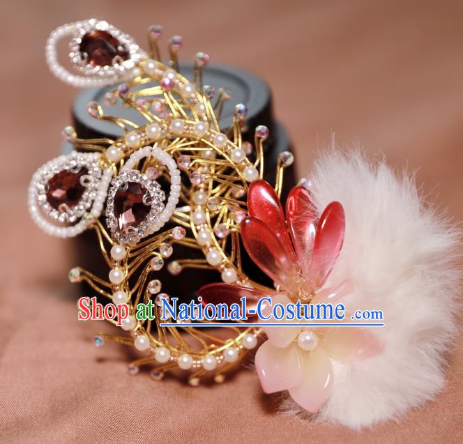 Chinese Handmade Pearls Phoenixl Hair Stick Ancient Ming Dynasty Noble Lady Red Crystal Hairpin