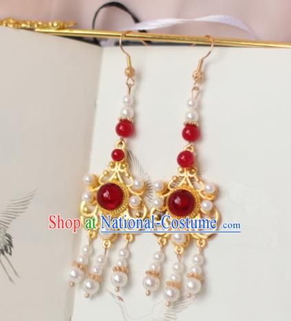 China Handmade Ancient Bride Earrings Traditional Ming Dynasty Wedding Pearls Ear Jewelry