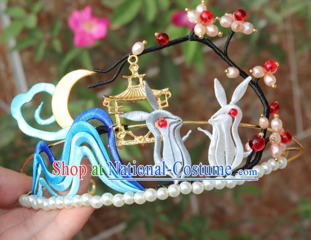 Chinese Ancient Princess Pearls Hair Clasp Traditional Song Dynasty Silk Moon Rabbit Hair Crown