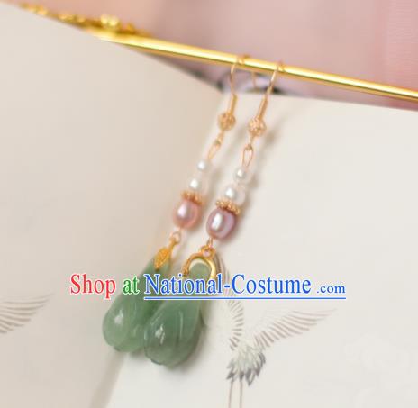 China Ancient Palace Lady Pearls Earrings Traditional Ming Dynasty Princess Jade Mangnolia Ear Jewelry