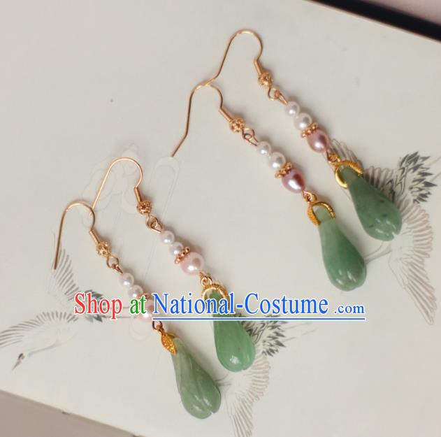 China Ancient Palace Lady Pearls Earrings Traditional Ming Dynasty Princess Jade Mangnolia Ear Jewelry