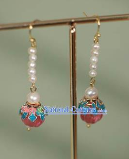 China Handmade Tourmaline Pearls Earrings Traditional Qing Dynasty Court Enamel Ear Jewelry