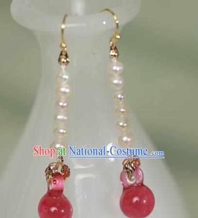 China Handmade Tourmaline Pearls Earrings Traditional Qing Dynasty Court Enamel Ear Jewelry