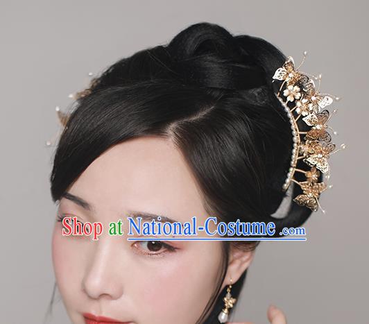 Chinese Traditional Ming Dynasty Golden Butterfly Hair Stick Ancient Princess Pearls Hairpin