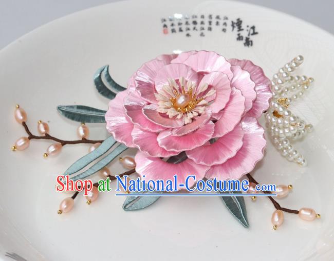 Chinese Traditional Ming Dynasty Court Lady Pink Peony Hair Comb Ancient Princess Pearls Hairpin