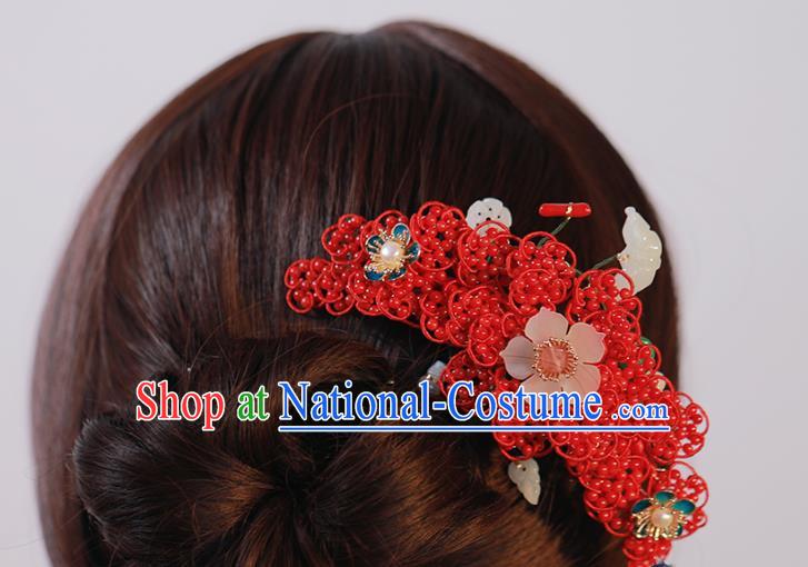 Chinese Traditional Qing Dynasty Red Beads Hair Stick Ancient Empress Jade Butterfly Hairpin