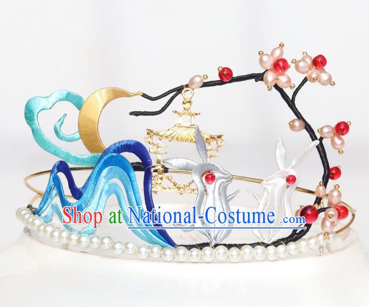 Chinese Ancient Princess Pearls Hair Clasp Traditional Song Dynasty Silk Moon Rabbit Hair Crown