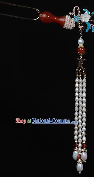 Chinese Ancient Empress Pearls Tassel Hairpin Traditional Qing Dynasty Agate Vase Hair Stick