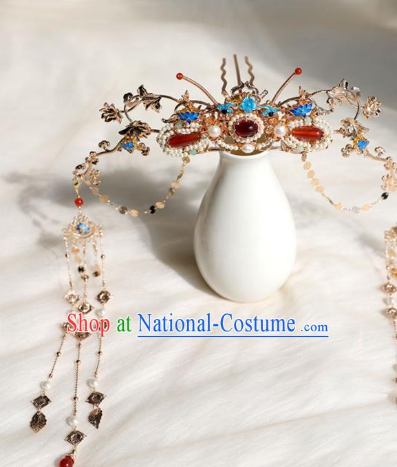 Chinese Ancient Palace Lady Pearls Tassel Hairpin Traditional Ming Dynasty Blueing Hair Crown