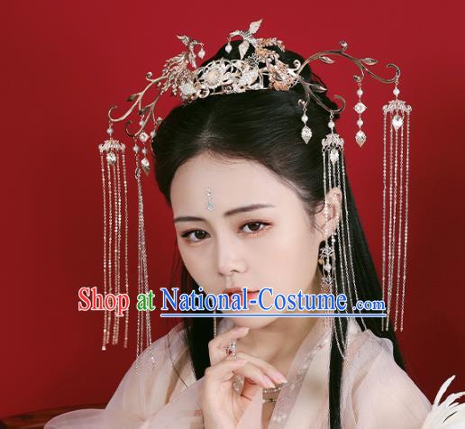 Chinese Ancient Court Lady Phoenix Coronet Traditional Song Dynasty Golden Birds Tassel Hair Crown