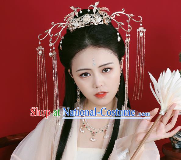 Chinese Ancient Court Lady Phoenix Coronet Traditional Song Dynasty Golden Birds Tassel Hair Crown