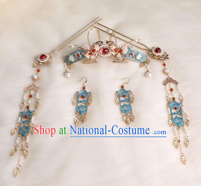 Chinese Ancient Princess Tassel Hairpins Traditional Ming Dynasty Cloisonne Hair Accessories Full Set