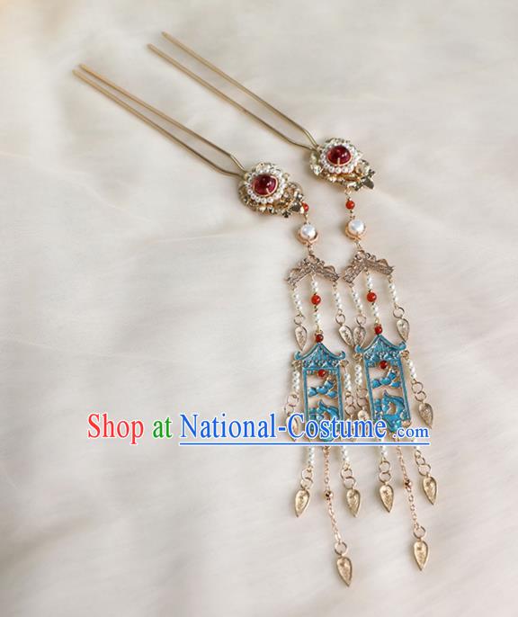 Chinese Ancient Princess Pearls Tassel Hairpin Traditional Ming Dynasty Cloisonne Hair Stick