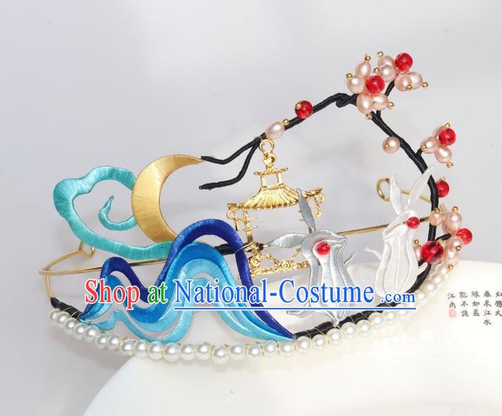 Chinese Ancient Princess Pearls Hair Clasp Traditional Song Dynasty Silk Moon Rabbit Hair Crown