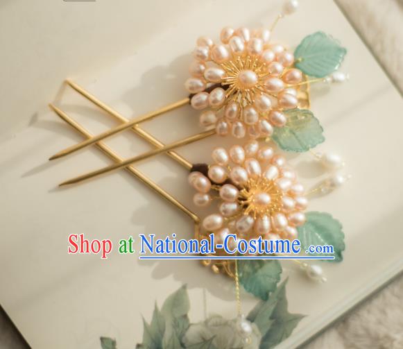 Chinese Handmade Pearls Chrysanthemum Hair Stick Ancient Ming Dynasty Princess Hairpin