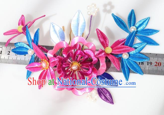 Chinese Ancient Princess Rosy Silk Peony Hairpin Traditional Hanfu Pearls Hair Comb