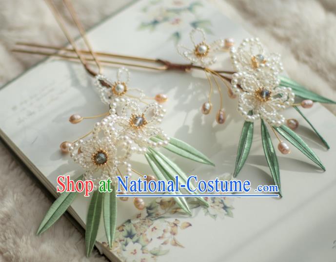 Chinese Handmade Beads Plum Blossom Hair Stick Ancient Ming Dynasty Princess Pearls Hairpin