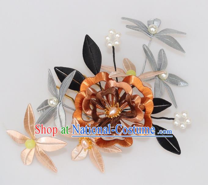 Chinese Traditional Hanfu Song Dynasty Hair Comb Ancient Princess Brown Silk Peony Hairpin