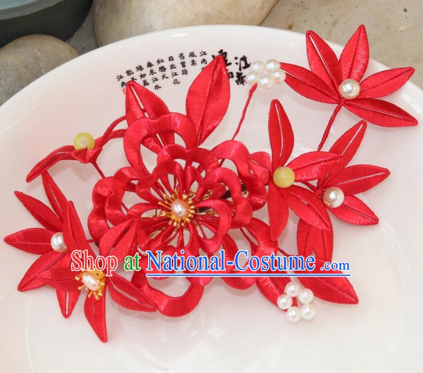 Chinese Traditional Song Dynasty Pearls Hair Comb Ancient Princess Red Silk Peony Hairpin