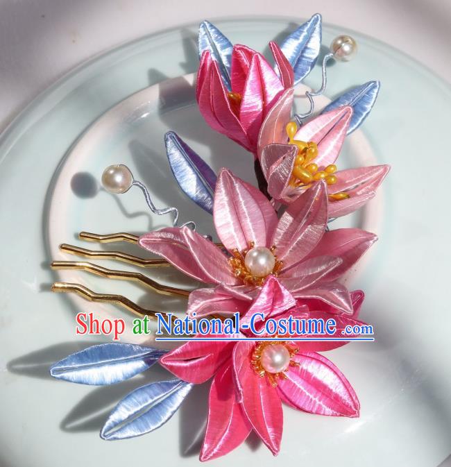 Chinese Traditional Song Dynasty Palace Lady Hair Comb Ancient Princess Pink Silk Epiphyllum Hairpin