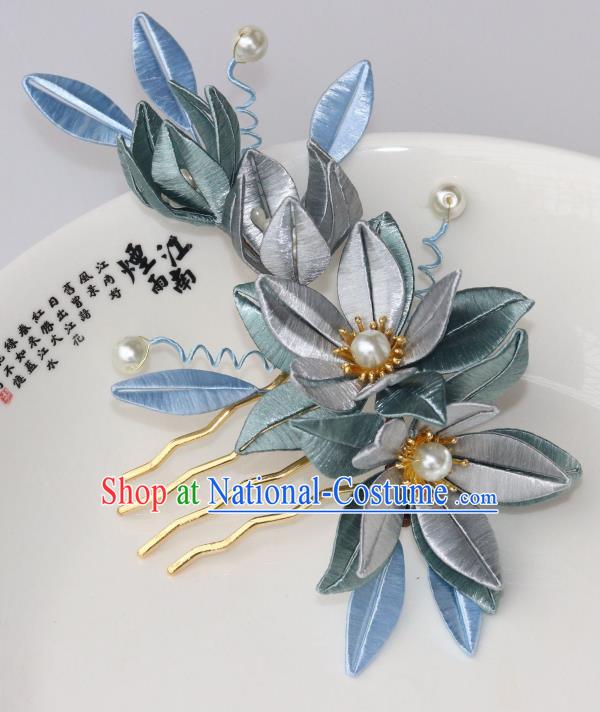 Chinese Ancient Palace Princess Pearls Hairpin Traditional Song Dynasty Grey Silk Flowers Hair Comb