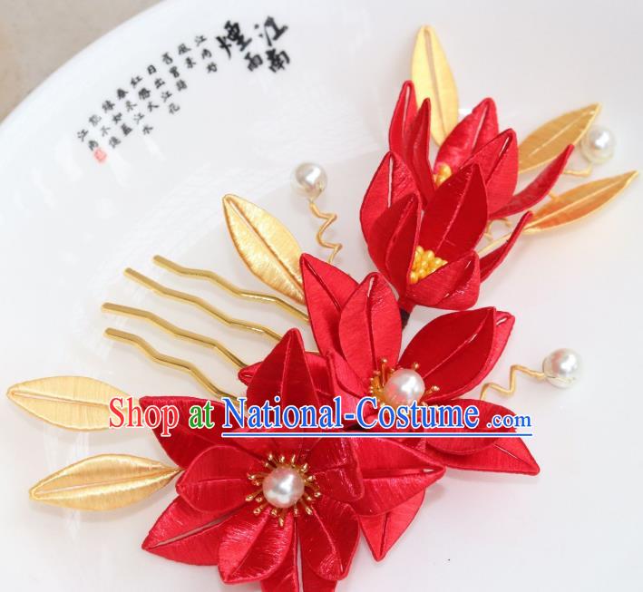 Chinese Ancient Bride Pearls Hairpin Traditional Song Dynasty Red Silk Lily Flowers Hair Comb