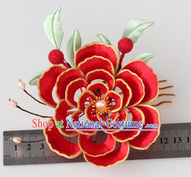 Chinese Ancient Empress Hairpin Traditional Song Dynasty Wedding Red Peony Hair Comb