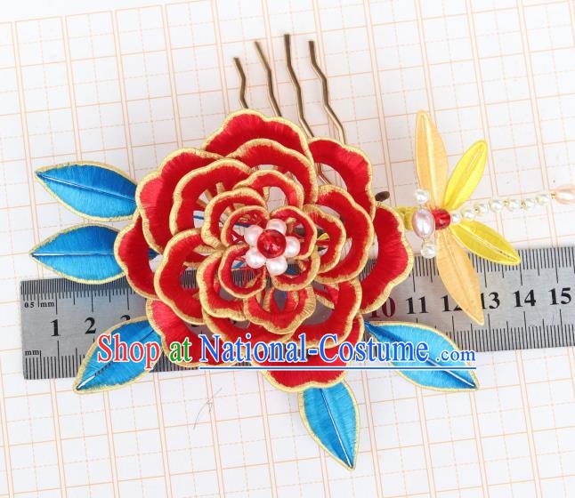 Chinese Ancient Pearls Dragonfly Hairpin Traditional Ming Dynasty Wedding Red Silk Peony Hair Comb Headwear